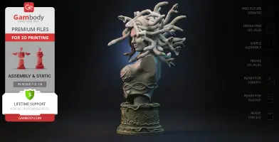 A 3D printed bust of Medusa with snake hair and ornate base, designed for assembly.