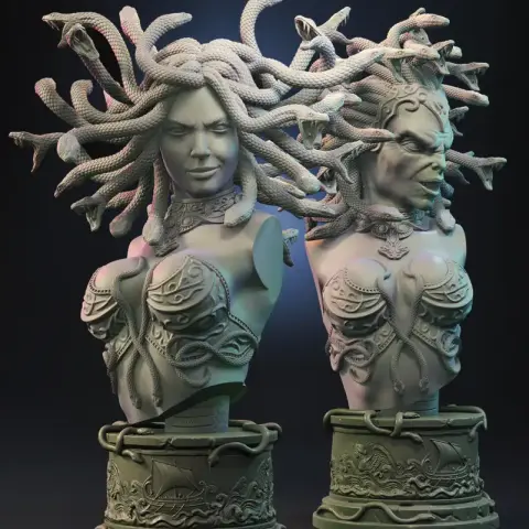 Bust of Medusa with intricate serpentine hair, detailed armor, and dual expressions.