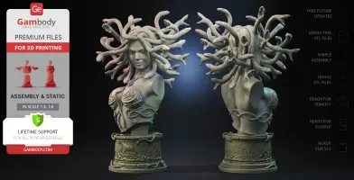 Medusa Gorgon bust with snake hair and detailed armor, showcased from front and back views.