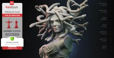 3D Medusa bust with snake hair, detailed armor, ready for 3D printing from Gambody.