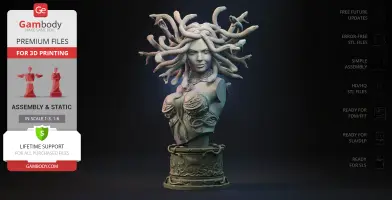 Bust of Medusa Gorgon with snake hair, intricate armor, and detailed base for 3D printing.