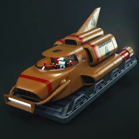 Yellow sci-fi submarine model with fins and red accents displayed on a stand.