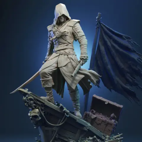 Hooded figure with swords stands on ship's bow, near pirate flag and treasure chest.