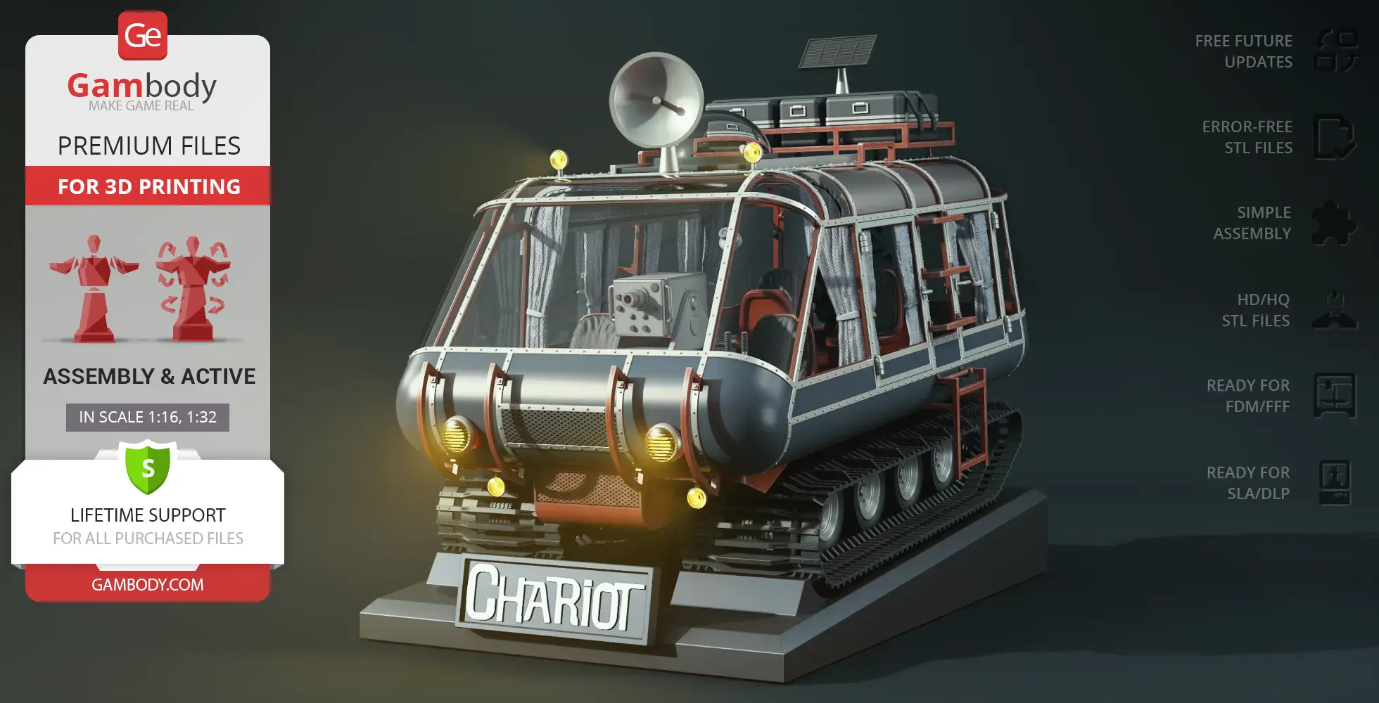 A detailed 3D model of an off-road, tracked ATV labeled 'Chariot' from Lost in Space, designed for 3D printing.