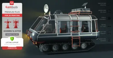 Futuristic tracked ATV with a glass cabin, satellite dish, and antenna, designed for off-world terrain.