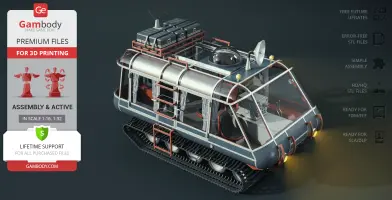 A detailed 3D model of an Off-World Chariot ATV with tracks, antennas, and a transparent cabin.