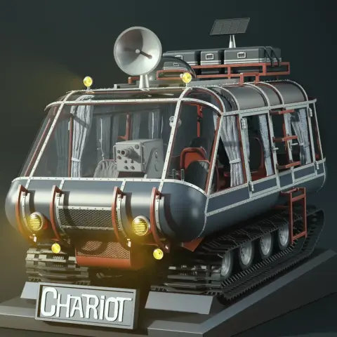 Futuristic tracked ATV with large windows, antenna, and labeled 'Chariot,' inspired by 'Lost in Space.'