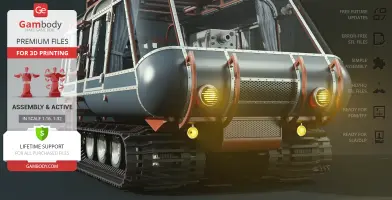 A futuristic tracked vehicle with headlights, designed for off-world exploration, detailed for 3D printing.