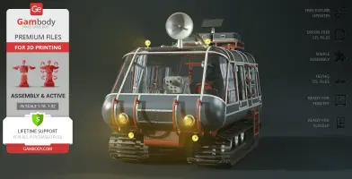 A detailed 3D model of an ATV with tracks, antennas, and spotlights, designed for 3D printing.