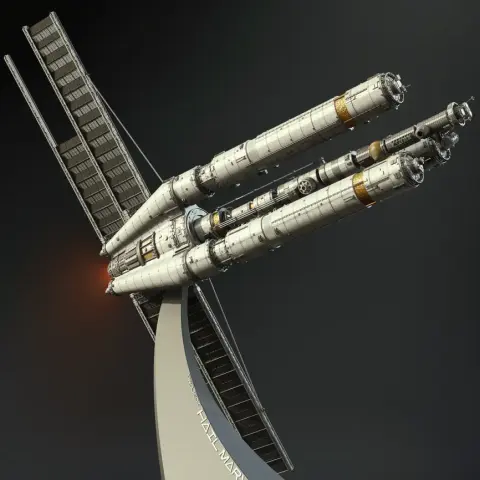 A detailed 3D model of the Hail Mary spacecraft with elongated cylindrical modules and solar panels on display.