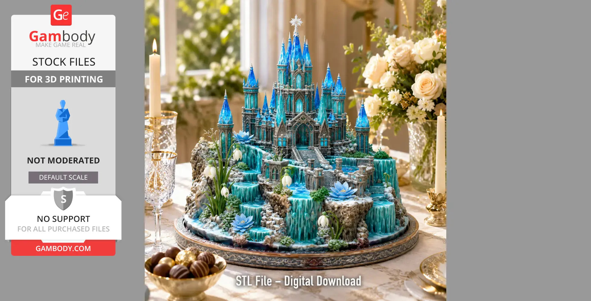 Fantasy castle with blue spires surrounded by flowers and waterfalls on an ornate table setting.