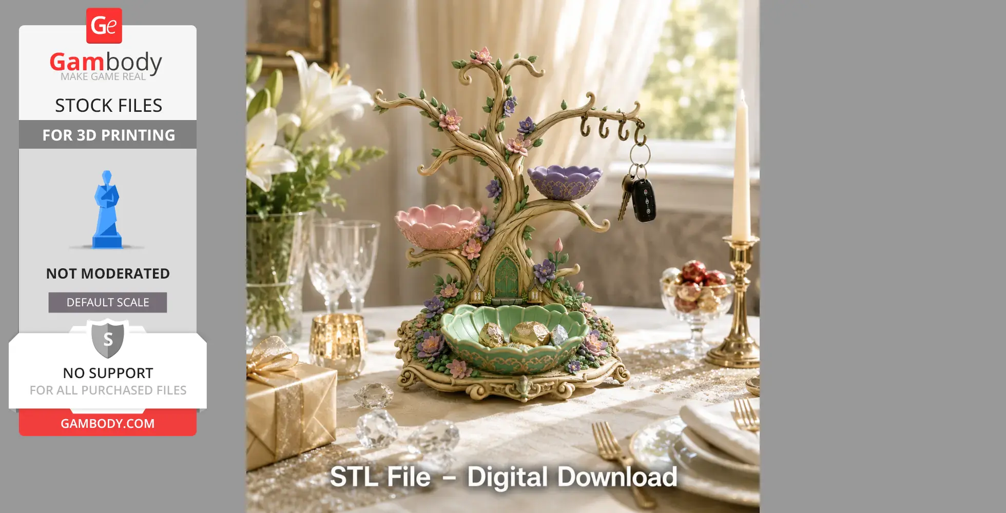 A decorative tree-shaped jewelry holder with floral details and hanging keys, set on an elegant table.