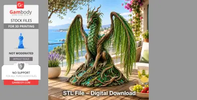 A detailed dragon with willow-like features perched on a table with a scenic ocean view in the background.