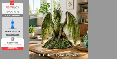 A detailed 3D model of a dragon with willow-like wings and scales, set in a cozy living room environment.