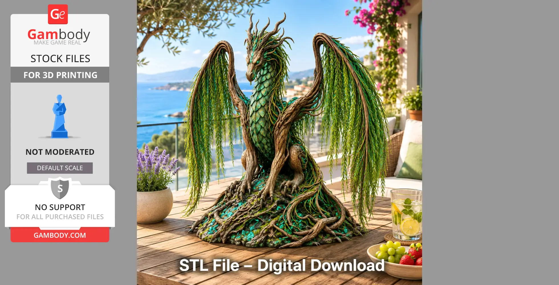 A detailed dragon with willow-like features perched on a table with a scenic ocean view in the background.