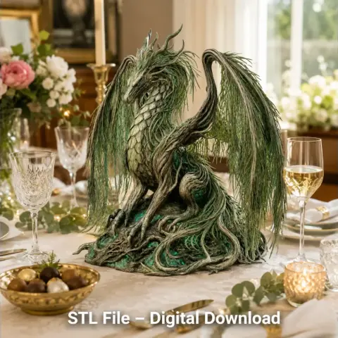 A detailed, green dragon figurine with willow-like features, set on an elegant dining table.