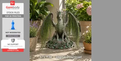 A dragon sculpture with leafy wings and a bark-like texture, surrounded by potted plants.