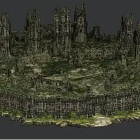 A detailed 3D model of Harrenhal castle ruins from Game of Thrones, featuring crumbling towers.