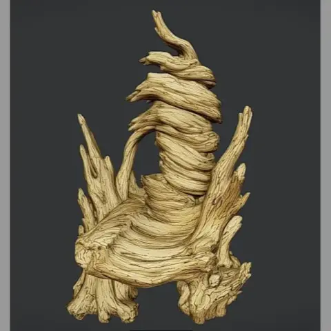 A detailed 3D model of a gnarled, twisted wooden throne with a tall backrest, inspired by 'House of the Dragon'.