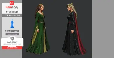 Two regal women in green and black dresses face each other, one with a crown.