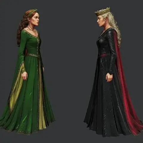 Two detailed female figures in green and black gowns, facing each other, with medieval styling.