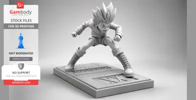 3D model of a dynamic, spiky-haired figure in an action pose, standing on a rectangular base.