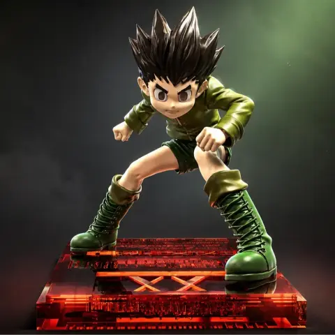 3D model of a spiky-haired character in green outfit, readying for action on a red platform.