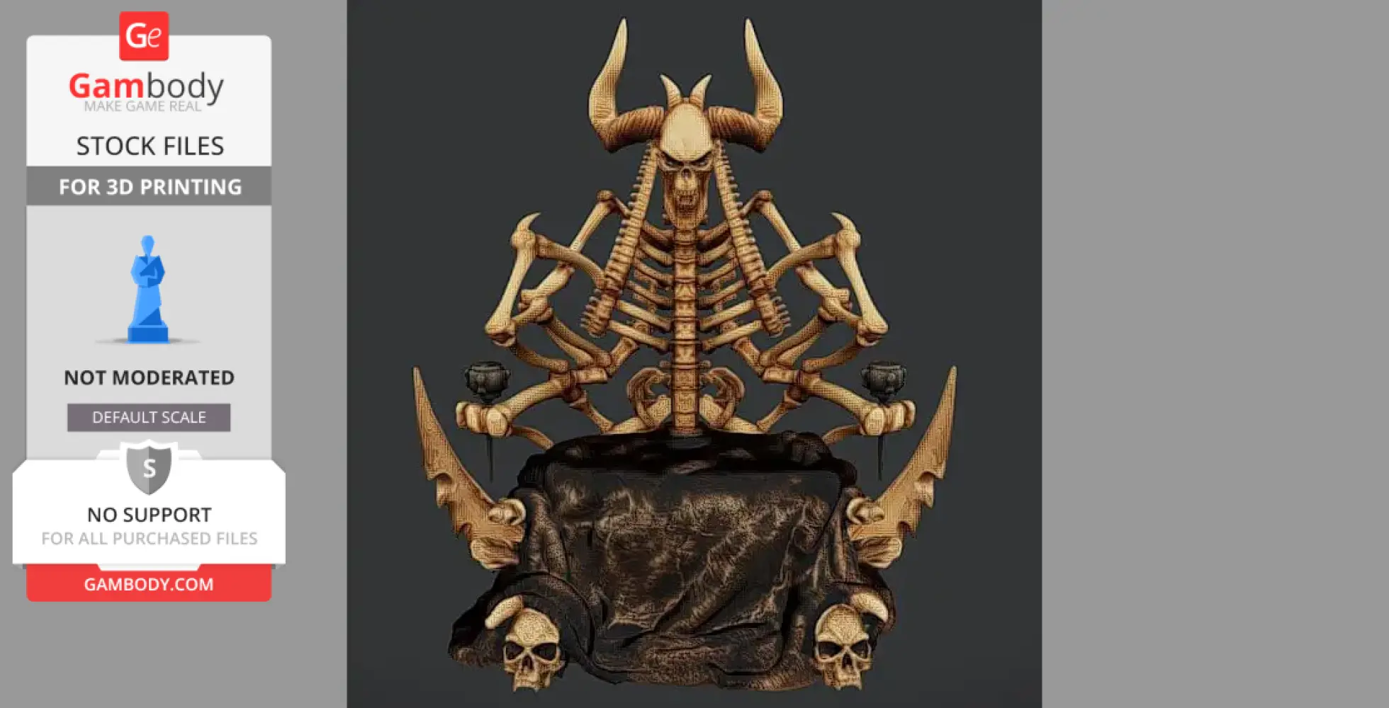 A detailed 3D model of a skeletal throne with horns and skulls, inspired by Masters of the Universe.