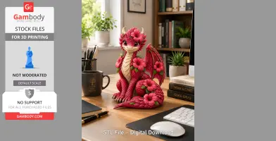 A pink dragon adorned with large hibiscus flowers sits on a wooden desk near office supplies.