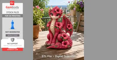 A cute pink dragon adorned with hibiscus flowers sits on a wooden table amidst potted plants.