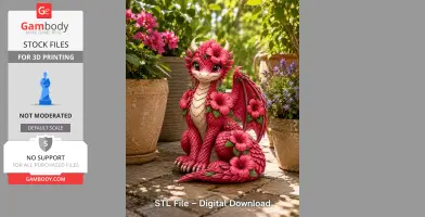 Cute pink dragon with hibiscus flowers, sitting among potted plants in a garden.