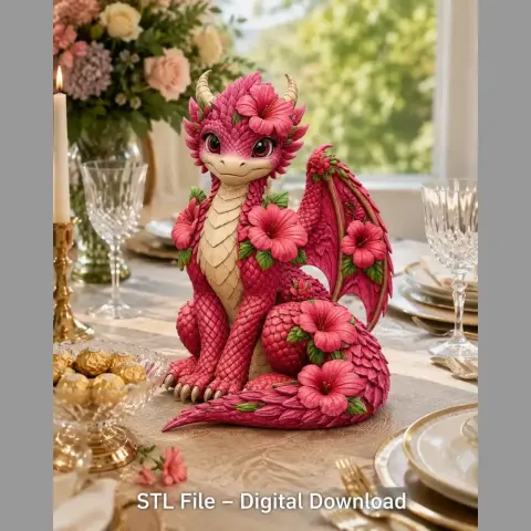 A cute pink dragon adorned with hibiscus flowers, set on an elegant dining table.