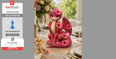 A cute, pink dragon adorned with hibiscus flowers, sitting on an elegant dining table.