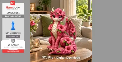 A cute pink dragon adorned with vibrant hibiscus flowers, sitting on a table in a cozy living room.