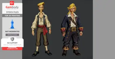 Two 3D models of a male pirate character in different outfits, for 3D printing.