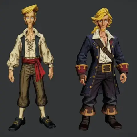 Two stylized pirate figures with blonde hair, one in a shirt and pants, the other in a dark coat.