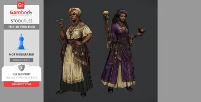 Two elaborate 3D models of a woman in traditional attire, one holding a cigar, the other a staff and bowl.