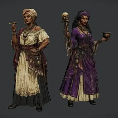 Two detailed 3D models of a woman in period attire, holding staff and smoking, with distinct accessories.