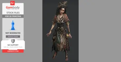 A detailed 3D model of Baba Yaga, an old, mythical witch with a worn outfit and skeletal accessories.