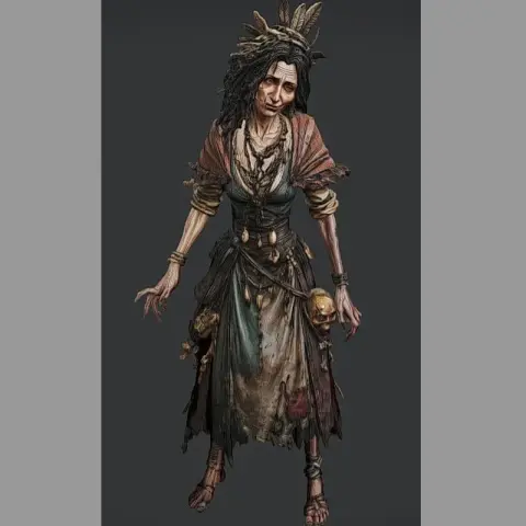 A detailed 3D model of a witch-like character with wild hair and tattered clothing, holding skulls.