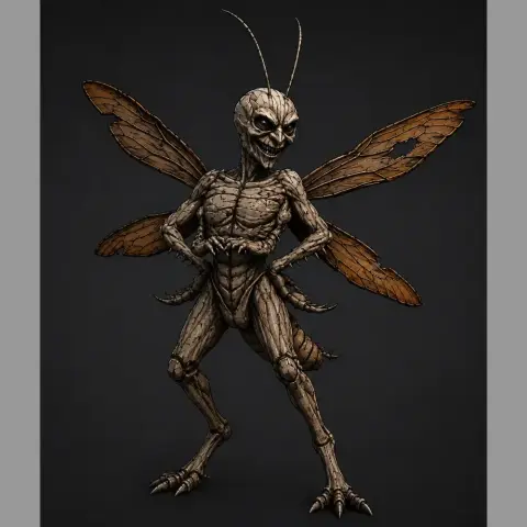 A detailed, insect-like humanoid creature with wooden texture and wings, in a dynamic pose.