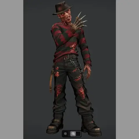 A 3D model of a horror character with a burned face, striped sweater, fedora, and clawed glove.