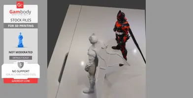 Two armored figures stand on a reflective surface, one white and winged, the other in black and red armor.