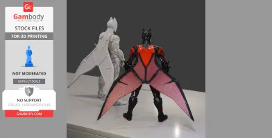 Two Batman-like 3D printed figures with dramatic wing designs, one colored and one in plain white.