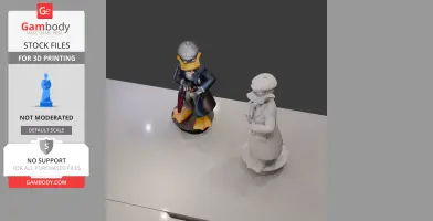 Daffy Duck in a mobster outfit with a gun, in colored and uncolored 3D printed models on display.