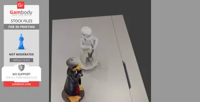 3D models of a character in a trench coat and hat, one colored and one monochrome, on a table.