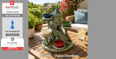 Fantasy castle key organizer with bowls, featuring stone texture and turrets, on an outdoor table.