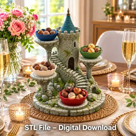 A fantasy castle-shaped organizer on a table, with stairs and bowls for trinkets or treats.