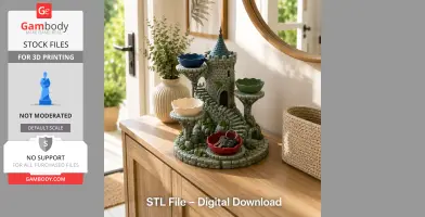 A castle-shaped key and trinket organizer with colored bowls for 3D printing.
