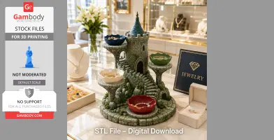 Fantasy castle organizer for keys and trinkets with decorative bowls and staircase design.